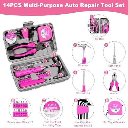 VEIYIE Car Emergency Kit with Portable Air Compressor, Pink Roadside Emergency Car Kit for Vehicles, 10FT Jumper Cables, Car Safety Kits Road Trip Essentials for Women, First Aid Kit, Tool Kit thumbnail 4