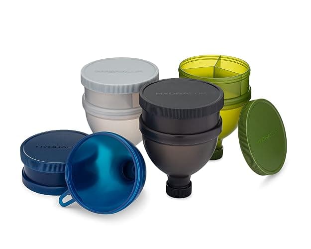 Hydra Cup [4 Pack] Funnels for Filling Water Bottles with Protein Powder, 3 Compartment Pill Storage, Supplement Container Set to Go or Kitchen Use, Keychain for Shaker Cup thumbnail 2