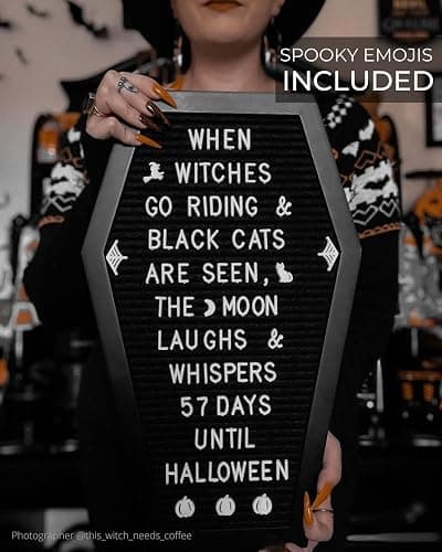 Nomnu Coffin Letter Board, Black Goth Decor with Bat Stickers Spooky Emojis | Wood and Felt board 17x10.5 inches +650 characters 80+ spooky gothic seasonal emojis, sawtooth hanger. Tabletop Stand thumbnail 5