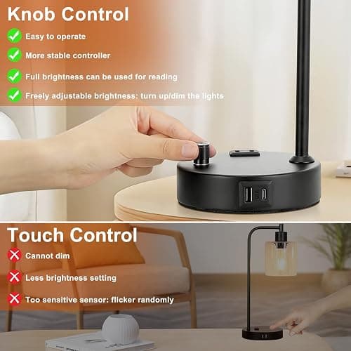 Industrial Nightstand Lamps for Bedrooms Set of 2 - Fully Dimmable Bedside Lamps with USB A C Ports and Outlet, Black Table Lamps with Clear Glass Shade for Living Room, Desk Lamps for Office Reading thumbnail 3