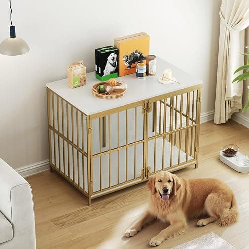 HOOBRO 38.6" Dog Crate Furniture, Wooden Dog Kennel Indoor, Heavy Duty Dog Cage for Small/Medium Dog, Decorative Side End Table, White and Gold DW100GW03 thumbnail 5