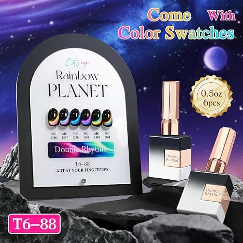 Double Rhythm Cat Eye Gel Nail Polish Set of 6 Same Color Same Bottle 0.5 Oz Shimmer Glitter with Magnet Holographic Reflective Magnetic UV Nail Polish Kit at Home (Holographic Rainbow-T6-88) thumbnail 2