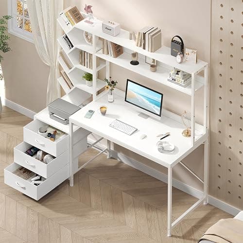 YOMILUVE Reversible Computer Desk with Hutch, Home Office Desk with Drawers and Bookshelf, 52'' Study Writing Desk with Storage Shelves for Bedroom Home Office, White thumbnail 4