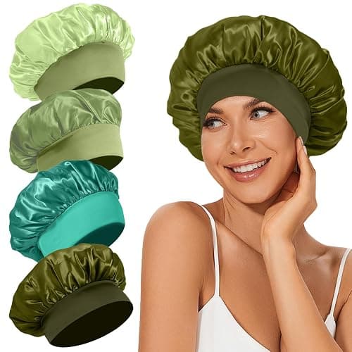 4Pcs Satin Bonnet Silk Bonnet, Hair Bonnet for Sleeping, Elastic Wide Band Silk Sleep Cap, Shower Cap Soft and Breathable (Green Series) - Image 1
