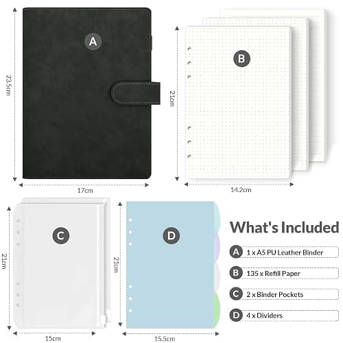 SKYDUE A5 Ringbuch, Ringbuch A5 Nachfüllbar,135 Blätter Nachfüllpapier, Notizbuch Mit Bindertaschen, a5 Binder Für Schulnotizen Und Reisetagebücher (Schwarz) thumbnail 3