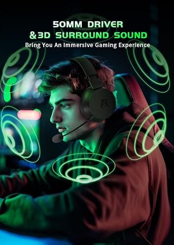RYR Wireless Gaming Headset for Xbox Series X|S, Xbox One, PS5, PS4, Mac, Bluetooth 5.3, 3D Surround Sound, Rotatable Earmuffs, Gaming Headphones with Noise Canceling Microphones-Blackgreen thumbnail 8
