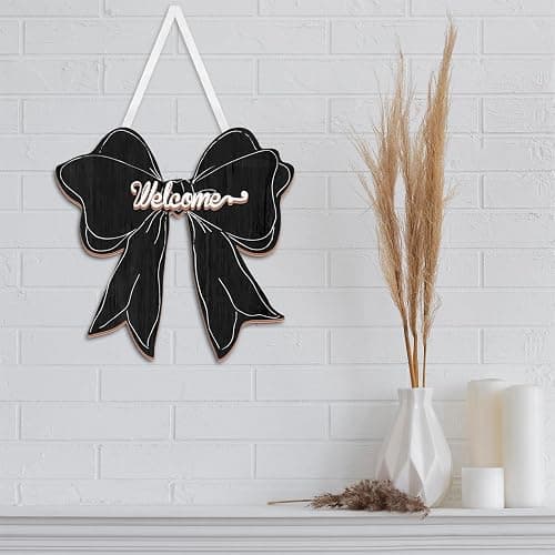 Black Bow Decor Hanging Sign Cute Coquette Bow Decoration Double-sidedWooden Bowknot Welcome Door Sign for Preppy Room Wall Home Bedroom Fall Halloween Indoor Outdoor Porch thumbnail 5