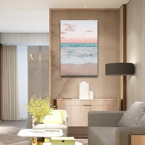 Modern Pastel Aesthetic Sunset Beach Wall Art Minimalist Serene Ocean Sky Canvas Picture Funny Trendy Romantic Blush Pink Wave Artwork for Office Bedroom Bathroom Decor 12x16inch Unframed thumbnail 2