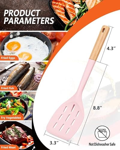 Pack of 2 Silicone Spatula, Non Stick Cooking Utensil Set Wooden Handle Kitchen Turner for Baking Mixing Grilling Serving Food Heat Resistant Non Scratch Hooks Included (Pink) thumbnail 2
