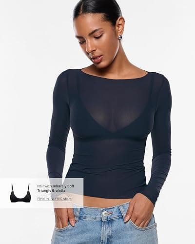 INLYRIC Women's Cosnufy Mesh Sheer Long Sleeve Tops See Through Boat Neck Going Out Tops Trendy Sexy Shirts thumbnail 3