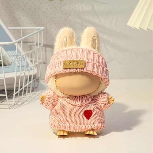 Clothes for LABUBU Doll (NO Doll), 3-Piece Handcrafted Crochet Accessories for LABUBU 17cm Dolls, Premium Outfits for LABUBU Unique Dress up - Heart Sweater + Hat + Bag (Pink) thumbnail 6