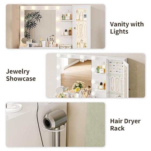 HUANLEGO Vanity Desk with Mirror and Lights, White Makeup Vanity Mirror with Lights Desk with 5 Drawers, Jewelry Organizer& LED Glass Cabinet, 3 Light Mode Dressing Table Set for Girls, Women thumbnail 7