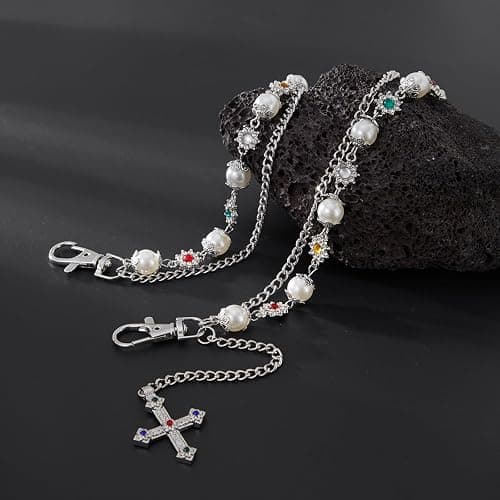 Fashion Layered Pants Wallet Chains - Exquisite Gold Silver Rhinestone Flower Pearl Jean Pocket Chain for Women Men Cute Bag Purse Charms Jewelry thumbnail 7