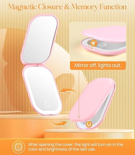 Gospire Lighted Travel Makeup Mirror with Light and Magnification 1X/3X, Stepless Dimming and Three-Color Adjustable Lights, Rechargeable Battery and Compact Size for Purse and Portable Use - Pink thumbnail 6