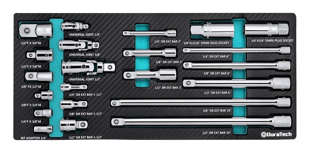 DURATECH 22-Piece Drive Tool Accessory Set, Including 1/4 3/8 1/2 Extension Bars, Socket Adapters, Universal Joints, Spark Plug Sockets, Professional Socket Accessories, Cr-V Steel, EVA Foam Package - Image 1