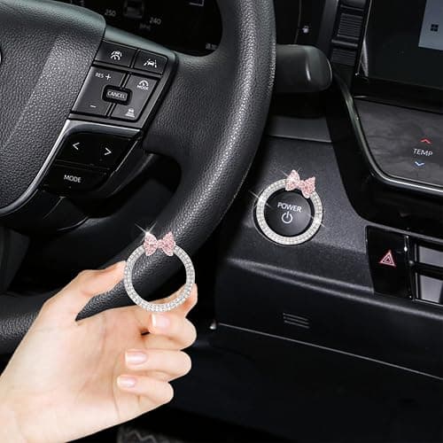 ORIESSE Pink Bow Car Accessories,Bow Tie Engine Start Button Ring,Bling Girly Silver Rhinestone Ring Start Stop Button Car Decor for Women,Ignition Ring Car Charm thumbnail 2
