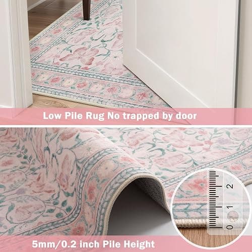 Beeiva Boho Washable Rugs 5x7, Pink Area Rug Carpet for Bedroom, Non Slip Butterfly Bedroom Rug with Low Pile, Distressed Ultra-Thin Floral Indoor Floor Carpet for Nursery (Pink,5'x7') thumbnail 5