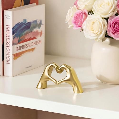 Gold Decor Living Room - Small Shelf Decor Aesthetic - Heart Hands Sculpture - Teen Girls Bedroom Knick Knacks - Cute Home Shelves Accent - Ta (Gold, Mini) thumbnail 5