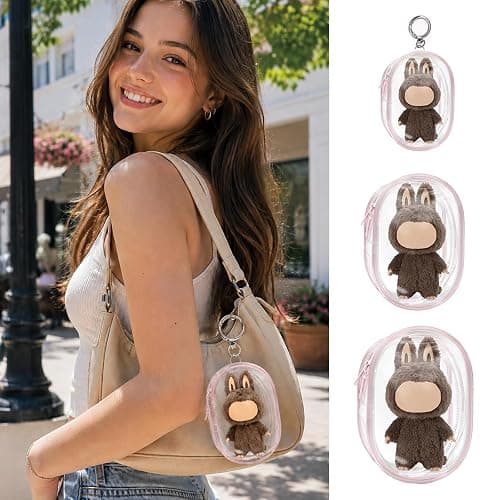 3Pcs Clear Figure Display Bag,Keychain Carrying Case, Portable Small Doll Storage Pouches,Dustproof Small Display Case for Figurines, Blind Box, Mini Dolls, Shelf/Outdoor Showcase PVC Bag（Pink） thumbnail 4