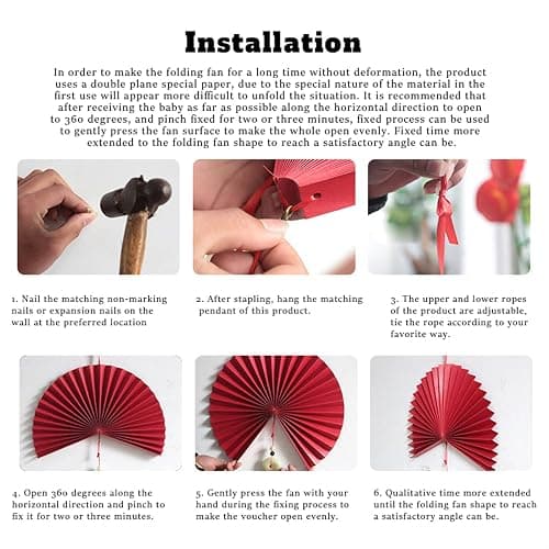 Insun Éventail en Papier Pliants Evantaille Chinois pour Décoration Murale Rouge vin 60 cm thumbnail 9