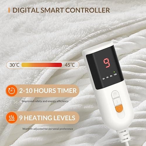HOMLYNS Heated Blanket Throw, 160 x 130 cm, 9 Heat Levels, White | 2-10 hour timer, UKCA and CE certified, memory control, 2.2 m power cord thumbnail 5