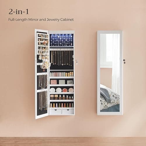 SONGMICS 6 LEDs Mirror Jewelry Cabinet, 47.2-Inch Tall Lockable Wall or Door Mounted Jewelry Armoire Organizer with Mirror, 2 Drawers, Christmas Gift, 3.9 x 14.6 x 47.2 Inches, White thumbnail 4