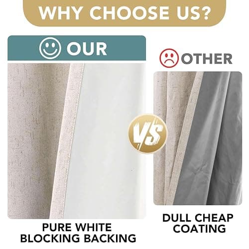 H.VERSAILTEX Linen Blackout Curtains 45 Inches Long 100% Blackout Thermal Insulated Textured Linen Look Curtain Draperies Anti-Rust Grommet, Energy Saving with White Liner, 2 Panels, Natural thumbnail 3