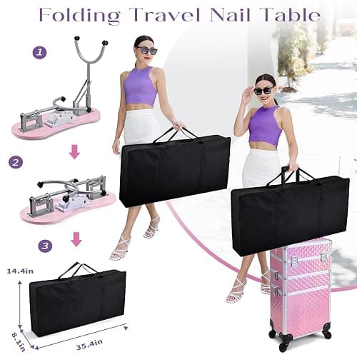 Faquenc Manicure Table with Nail Dust Collector, Portable Nail Table Rolling Nail Desk Nail Tech Travel Nail Station Foldable Professional Nail Salon Table with Cacuum,Arm Rest,Lockable Wheel,Bag,Pink thumbnail 5