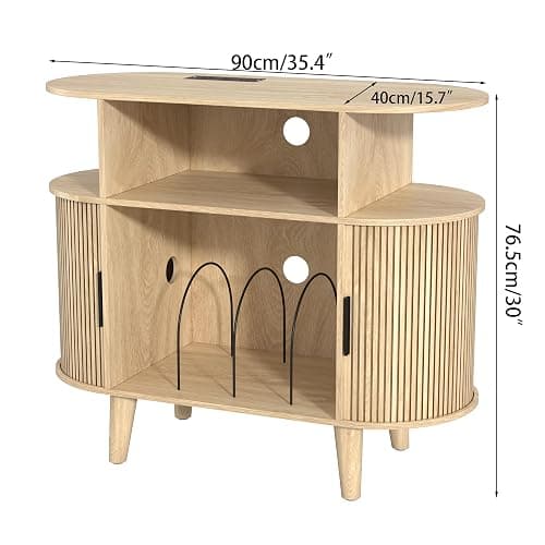 LUVIOHOME Large Round Record Player Stand with Charging Station & USB Ports，Record Storage Cabinet, Mid Century Modern Turntable Stand for Bedroom Living Room (Small Oak) thumbnail 2