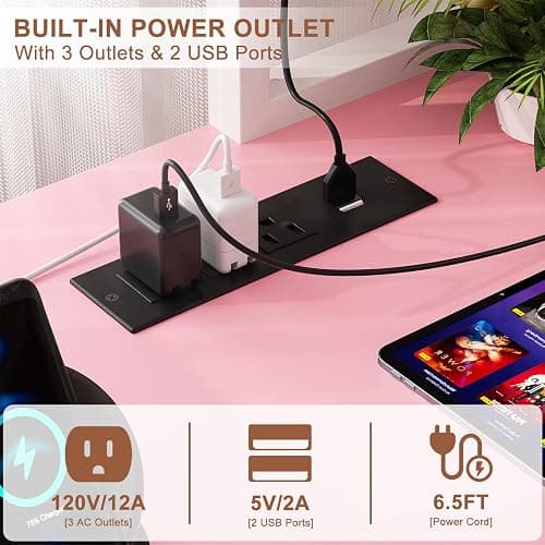 Aheaplus L Shaped Gaming Desk with Power Outlets & LED Lights, Small L- Shaped Desk Computer Corner Desk with Monitor Stand & Storage Shelf, Home Office Desk Writing Desk with Storage Bag, Pink thumbnail 4