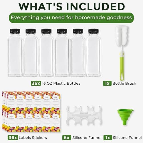 16oz Plastic Juice Bottles with Caps (36 Pack) – Reusable Clear Empty Containers for Smoothies, Milk, Sensory Jars – Leak Proof Tamper Evident Lids, Includes Labels, Funnel & Brush – Meal Prep (16-OZ) thumbnail 2