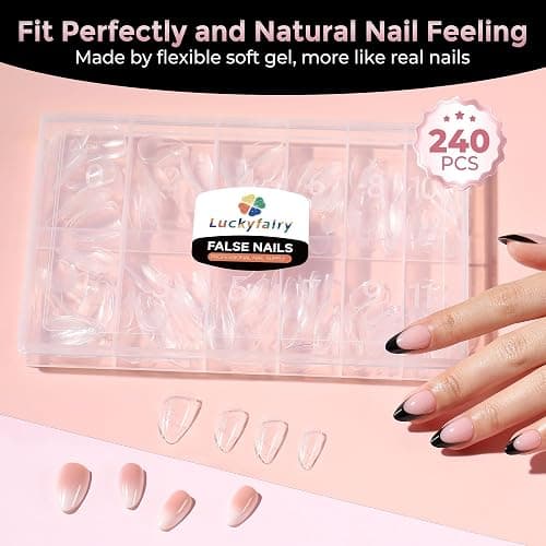Luckyfairy Short Almond Nail Tips, 240pcs Soft Gel Pre-Shaped Acrylic Fake Nails, Half Matte Full Cover Clear Gelly Press on Flase Nail Tips for Extension Home DIY 12 Sizes Gelly Tips thumbnail 5