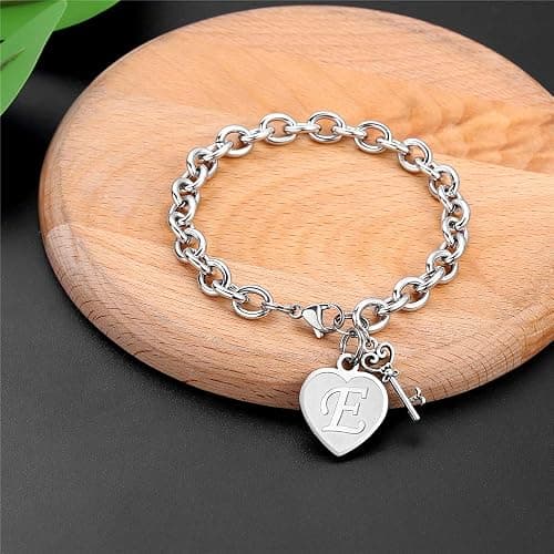 M MOOHAM Heart Initial Bracelets for Women Gifts - Engraved 26 Letters Initial Charms Bracelet Stainless Steel Bracelet Birthday Christmas Jewelry Gift for Women Teen Girls thumbnail 2