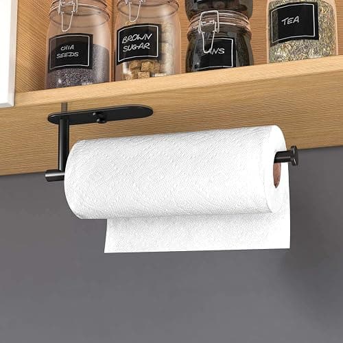 HUFEEOH Adhesive Paper Towel Holder Under Cabinet Wall Mount for Kitchen Paper Towel, Stainless Steel Paper Towel Roll Rack for Bathroom Towel (13inch, Black) thumbnail 3