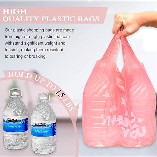 PINK Thank you bags, 100PCS T shirt bags, To Go Bags,Grocery bags, Reusable and Disposable,Perfect for Small Business,Take Out,Retails,11 inchx6 inchx21 inch(100),Large thumbnail 4