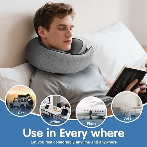 Ergonomic Travel Neck Pillow with Memory Foam Support – Comfortable Airplane Pillow for Adults, Portable Neck Cushion for Car, Office and Long Flights with Eye Mask, Earplug Holder and Carry Bag thumbnail 4
