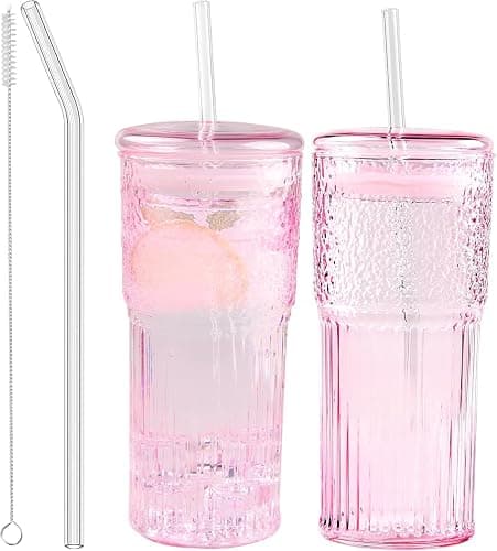 JunVpic Glass Coffee Cups with Lids and Straws, 20 OZ Pink Iced Water Glasses Tumblers for Ice Juice, Tea, Milk, Smoothie and Cold or Hot Drinks, Set of 2 - Image 1