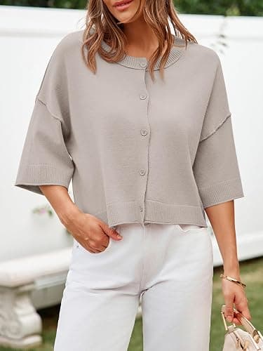 Cicy Bell Womens Half Sleeve Cardigan Sweaters Cropped Button Down Tops Oversized Lightweight Ribbed Knit Summer Outfits - Khaki - Medium thumbnail 2