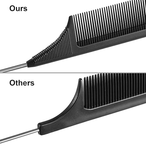 Leinuosen 3 Packs Rat Tail Comb Steel Pin Rat Tail Carbon Fiber Heat Resistant Teasing Combs with Stainless Steel Pintail (Black) thumbnail 3