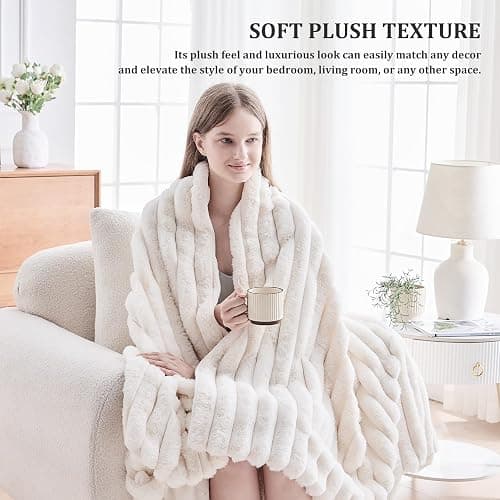 Faux Fur Twin Blanket for Couch, Cozy Fuzzy Fluffy Soft Plush Thick Bubble Sherpa Blanket for Sofa Bedroom Living Room, Mothers Day Birthday Gifts for Women Home Decor thumbnail 2