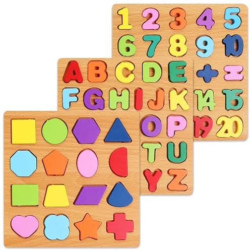 Alphabet Wooden Puzzles for Toddlers 3-5, Pack of 3 ABC, Number and Shape Puzzle, Preschool Educational Learning Toys with Puzzle Board & Letter Blocks for Girls Boys Ages 3 4 5 Years Old - Image 1