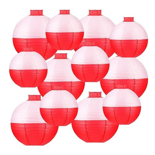 12 pcs Fishing Bobber Paper Lanterns Hanging Fish Shaped Ball Decorations Red and White Paper Lanterns for Fishing Themed Party Decorations Birthday Decor Supplies - Image 1