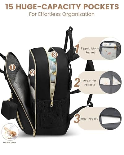 Pritent Diaper Bag Backpack, Baby Bag Backpack Baby Essentials for Mom Dad | With Changing Pad, Pacifier Case, Double Decker, Baby Diaper Bag, Insulated Pocket, Diaper Backpack for Baby(Black,L) thumbnail 6