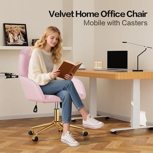 Pink Velvet Desk Chair with Pillow, Upholstered Home Office Desk Chair Makeup Vanity Chair with Swivel Wheels, Ergonomic Office Chair Computer Task Chair for Living Room, Bedroom thumbnail 4