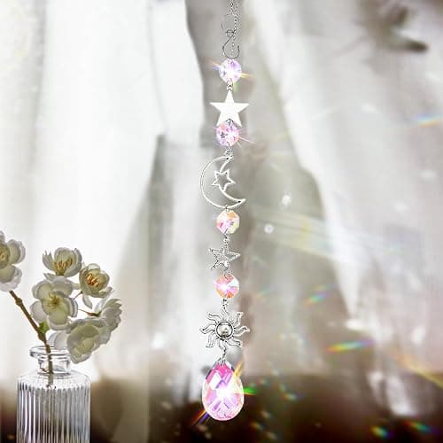 AOZUO Moon and Star Rear View Mirror Charm, Crystal Boho Car Hanging Decor Cute Suncatcher Healing Car Ornaments for Women Men thumbnail 3