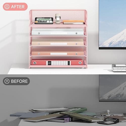 5 Tray Paper Organizer Letter Tray with Handle - Mesh Desk File Organizer, Paper Sorter Organizer for Office, Home or School File Folder Holder - Pink - 5 Tier - Pink thumbnail 5
