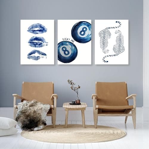 GELDSTEI Preppy Blue Cheetah Wall Art, Navy Retro 8 Ball Aesthetic Pictures, Trendy Kiss Lips Wrapped Canvas Artwork, Modern Leopard Poster Prints for Bedroom Living Room Apartment Framed 12"x16"x3 thumbnail 4
