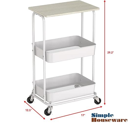 Simple Houseware 2-Tier Rolling Utility Cart with Lockable Wheels and Wood Top, Metal Storage Organizer Trolley for Kitchen, Bathroom, Office, Craft Room, Maple thumbnail 3