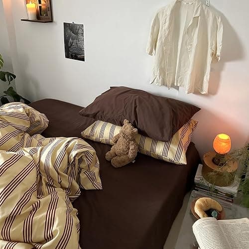 MKXI Queen Size Reddish-Brown & Yellow Striped Duvet Cover Set - 3 Piece Vintage Aesthetic Bedding Set, Cotton, Minimalist Design, Soft & Breathable Duvet Cover with Zipper Ties thumbnail 4