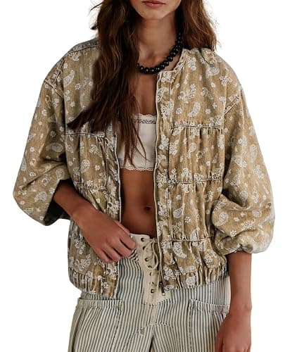 chouyatou Women 2025 Fall Paisley Floral Print Denim Jacket Zip Up Oversized Y2K Trendy Bomber Jean Jacket - Image 1